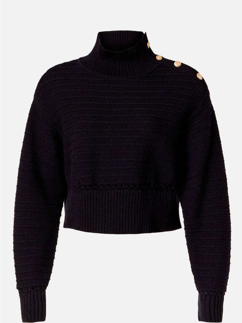 Gold-Button Black Cropped Knit Turtleneck Sweater